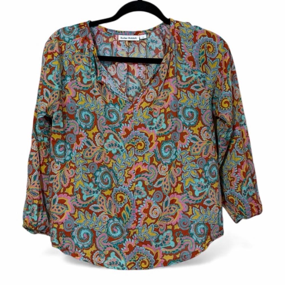 Roller Rabbit Lucy Boho Paisley Cotton Pop Over Blouse Size XS